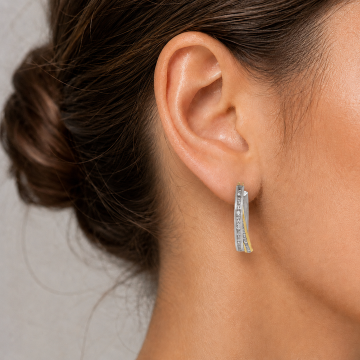 Two Tone Fancy CZ Hoop Earrings, 21.8mm - worn on ear