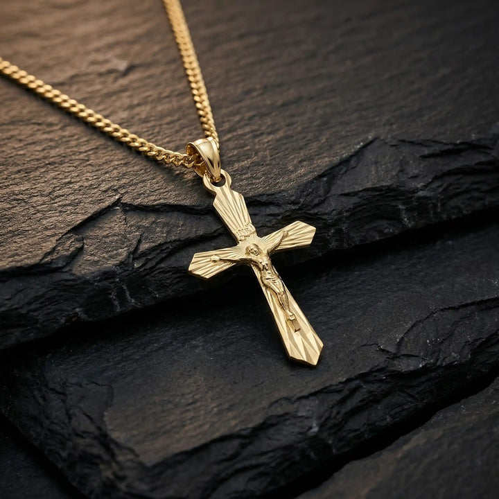Flared Crucifix Yellow Gold Cross Pendant on stone