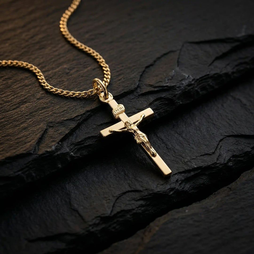 Latin Crucifix Yellow Gold Cross Pendant on stone
