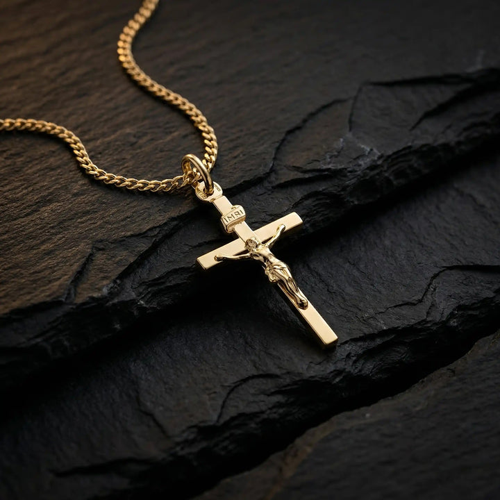 Latin Crucifix Yellow Gold Cross Pendant on stone
