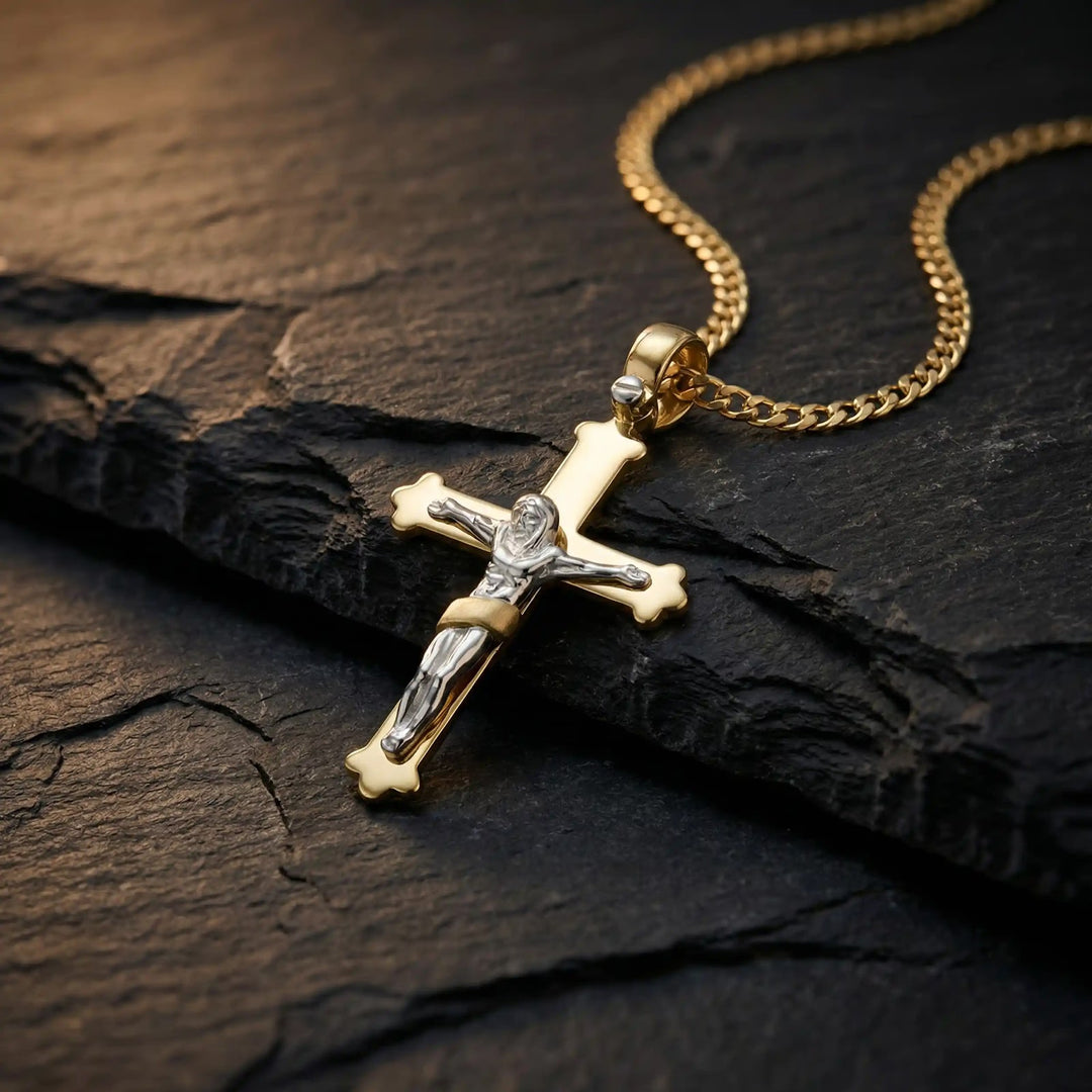 Budded Crucifix Two-Tone Gold Cross Pendant on stone