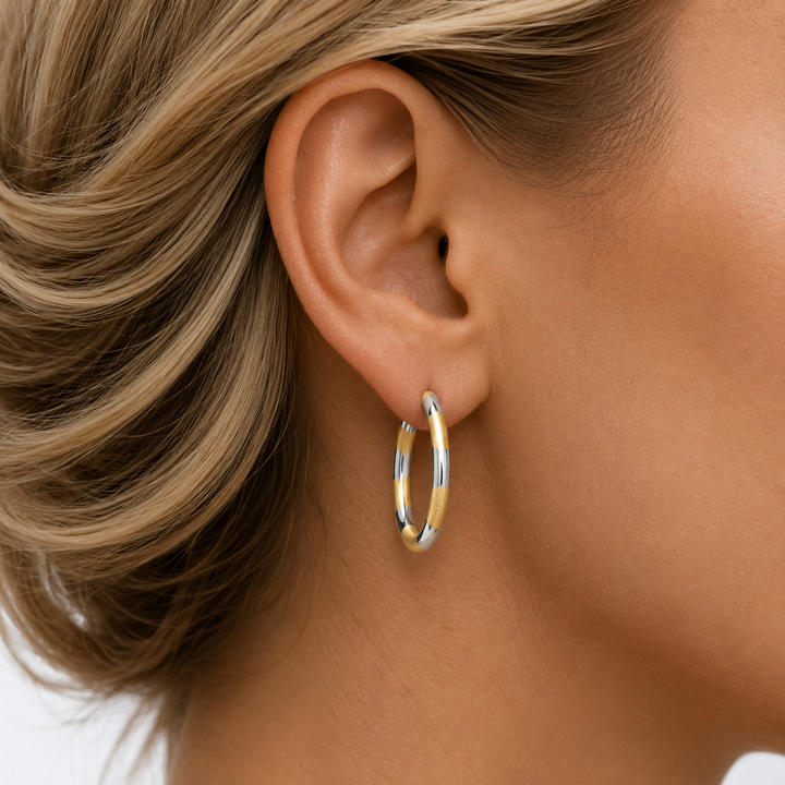 Two Tone Patterned Knife Edge Hoop Earrings, 24.3mm - worn on ear