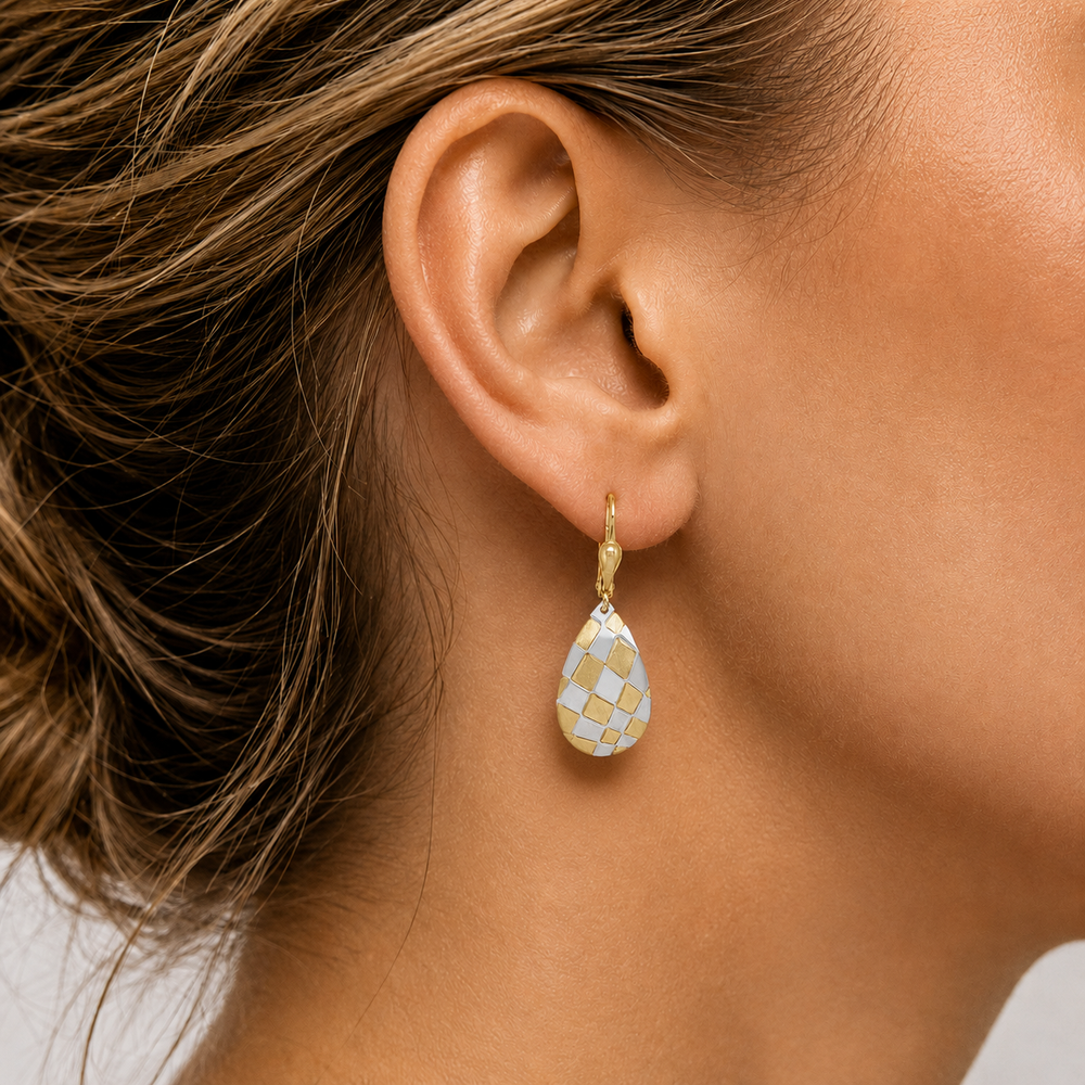 Two Tone Fancy Drop Earrings - worn on ear