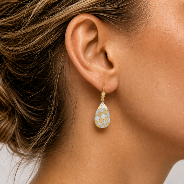 Two Tone Fancy Drop Earrings - worn on ear