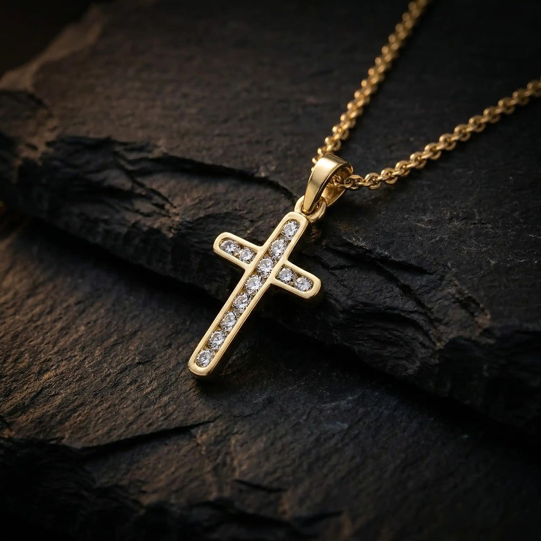 Minimal Latin Yellow Gold Cross Pendant on stone