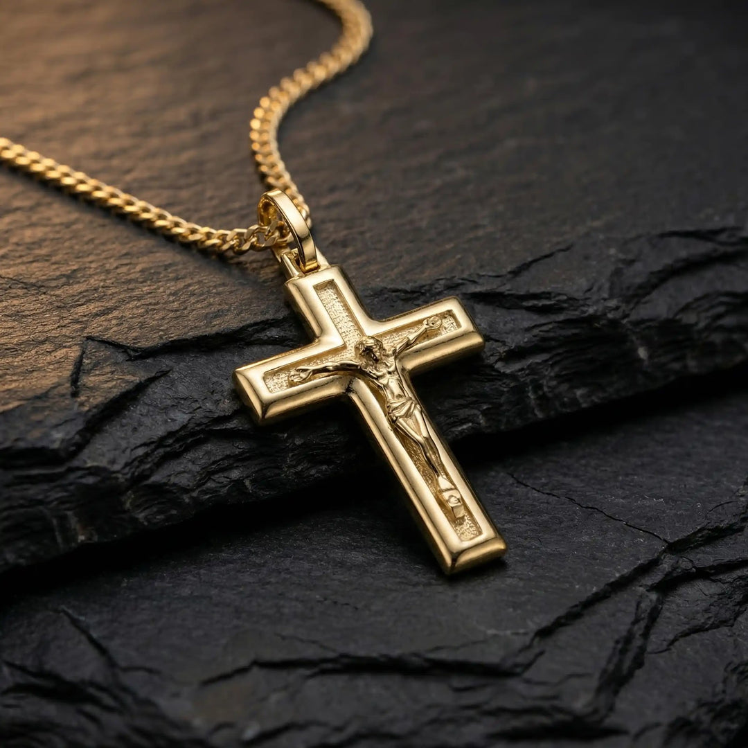 Latin Crucifix Yellow Gold Cross Pendant on stone