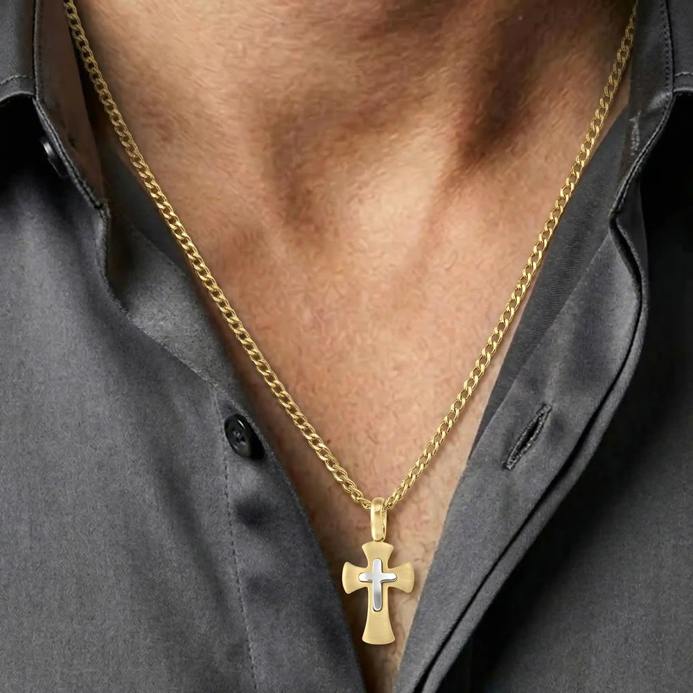 Layered Pattee Two-Tone Gold Cross Pendant worn on mens chest