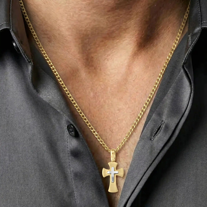 Layered Pattee Two-Tone Gold Cross Pendant worn on mens chest