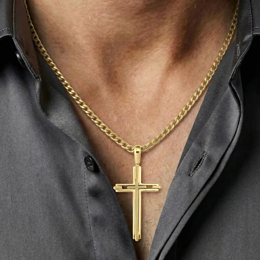 Layered Latin Yellow Gold Cross Pendant worn on mens chest