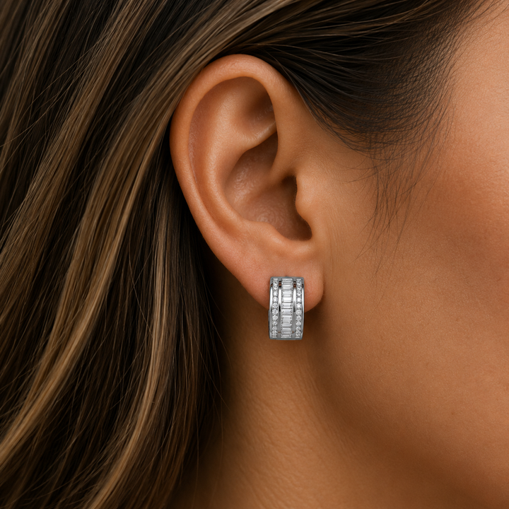 White Gold CZ Huggie Hoop Earrings, 12.3mm - worn on ear