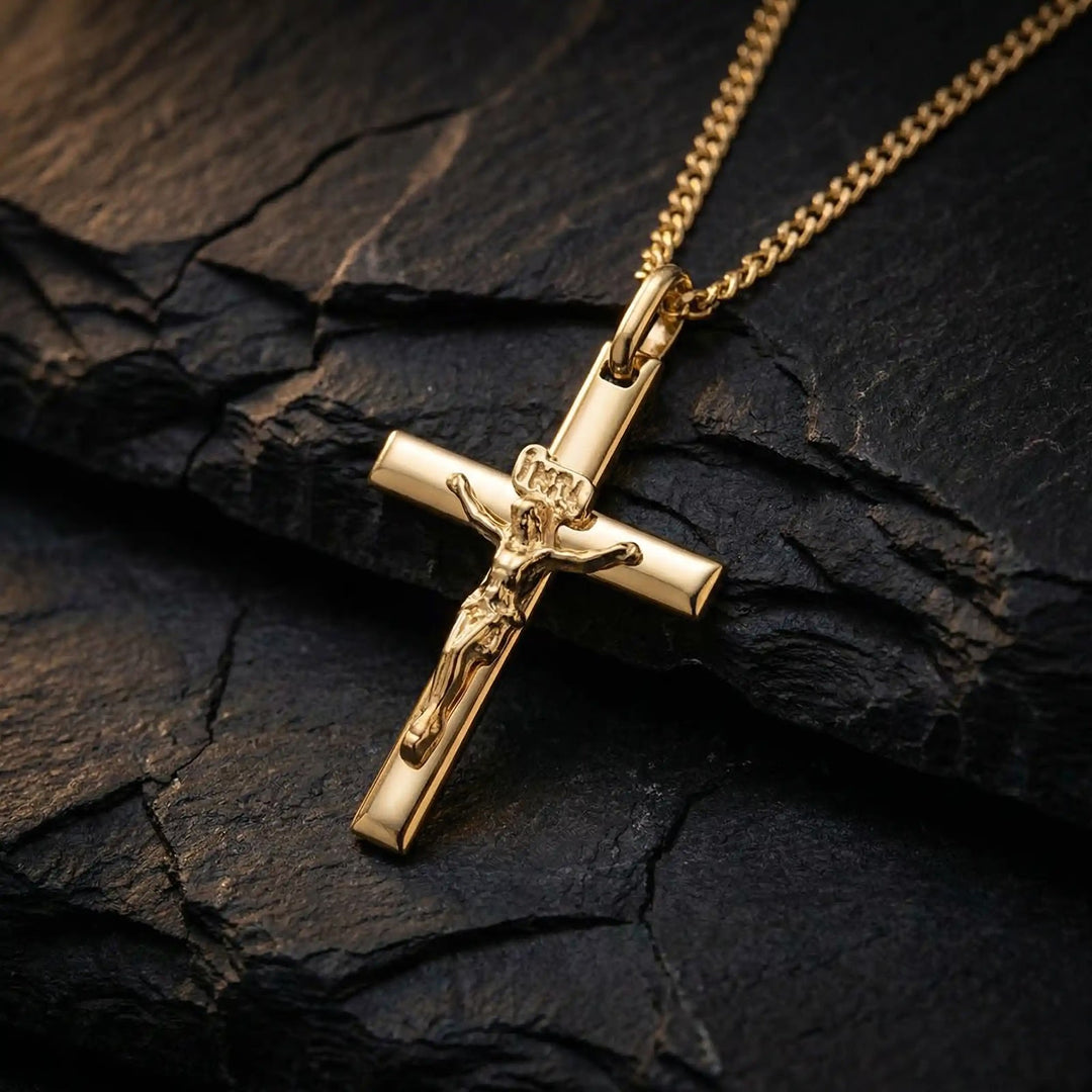 Latin Crucifix Yellow Gold Cross Pendant on stone