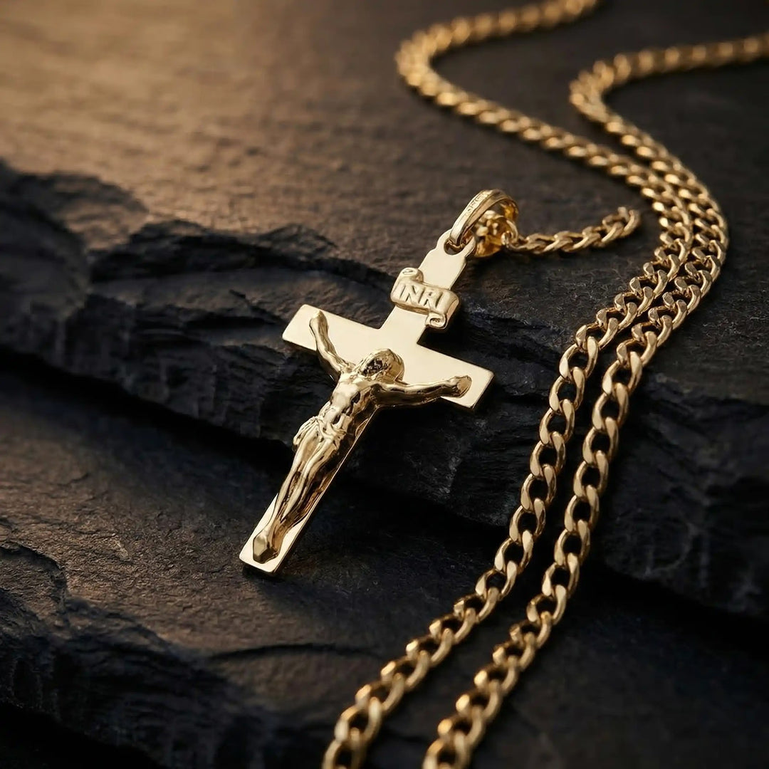 Latin Crucifix Yellow Gold Cross Pendant on stone