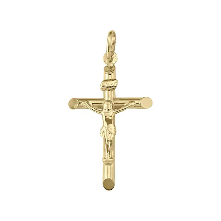 Tubular Crucifix Yellow Gold Cross Pendant on white background
