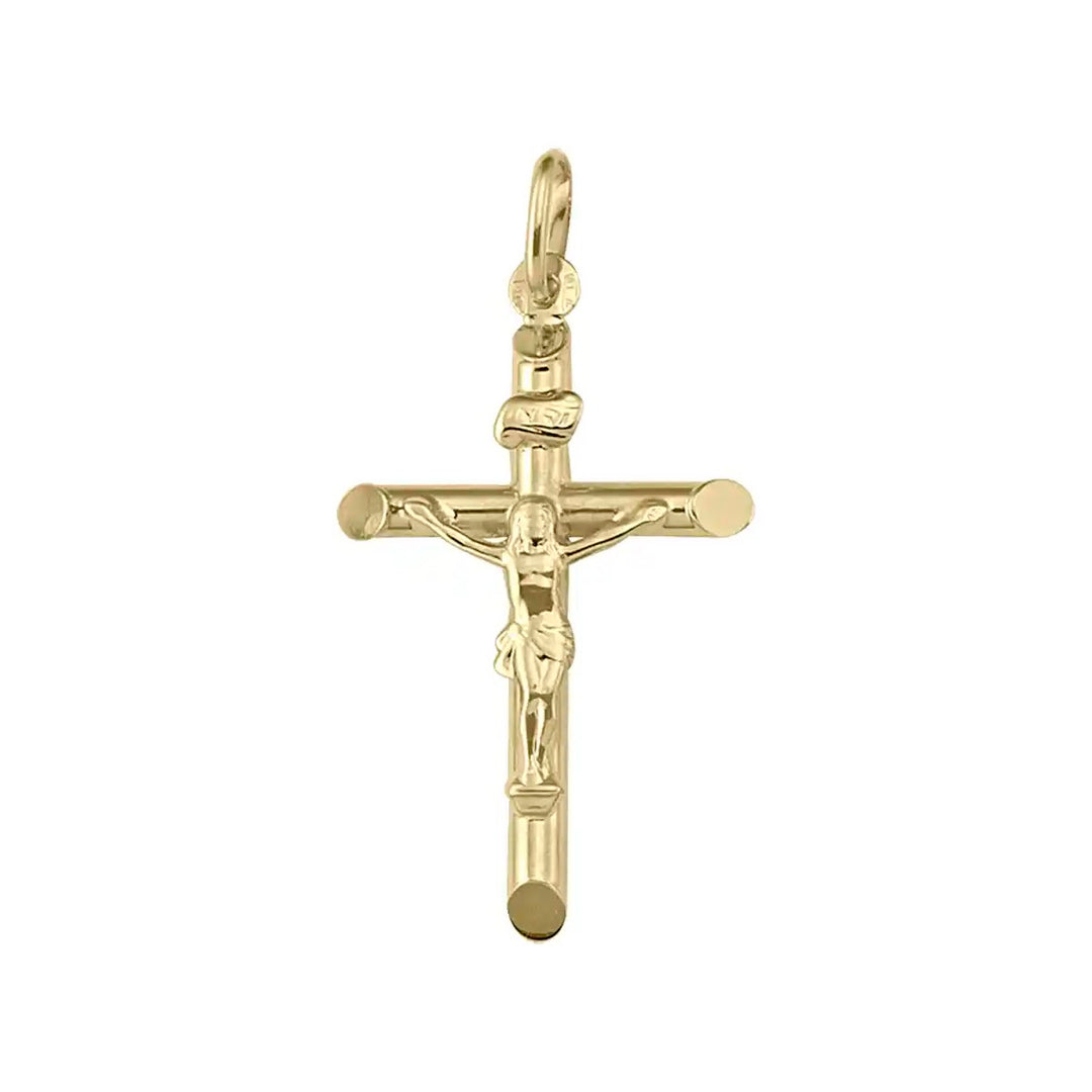 Tubular Crucifix Yellow Gold Cross Pendant on white background