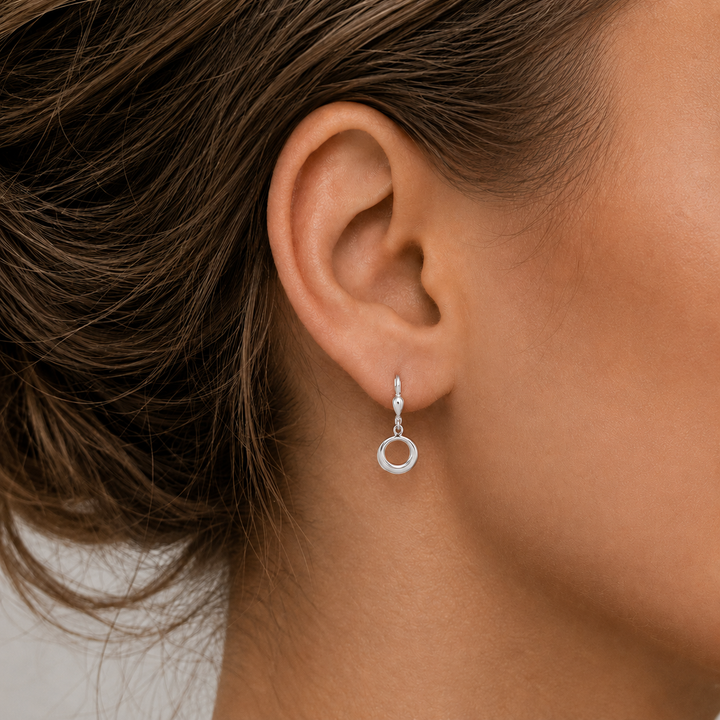 White Gold Fancy Circle Drop Earrings - worn on ear