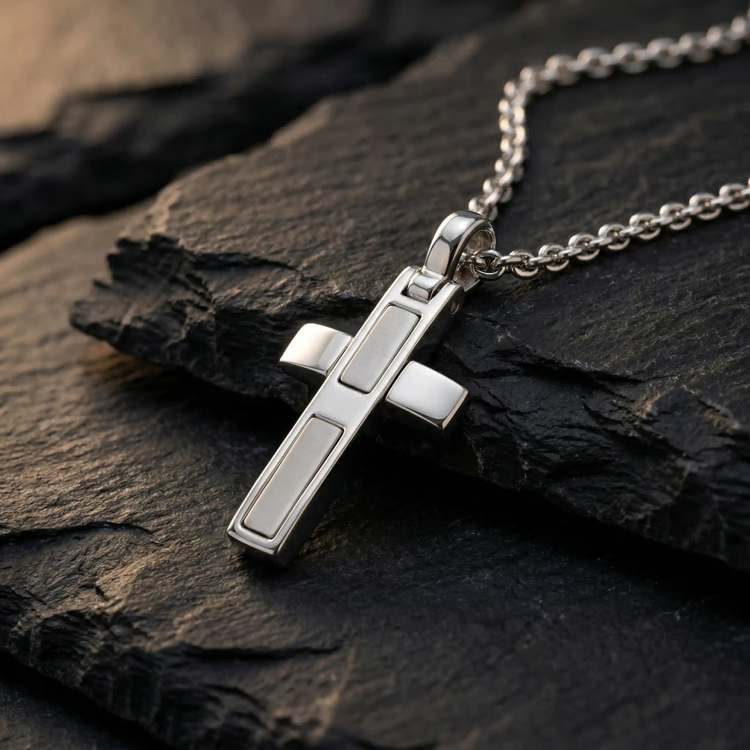 Modern Latin White Gold Cross Pendant on stone