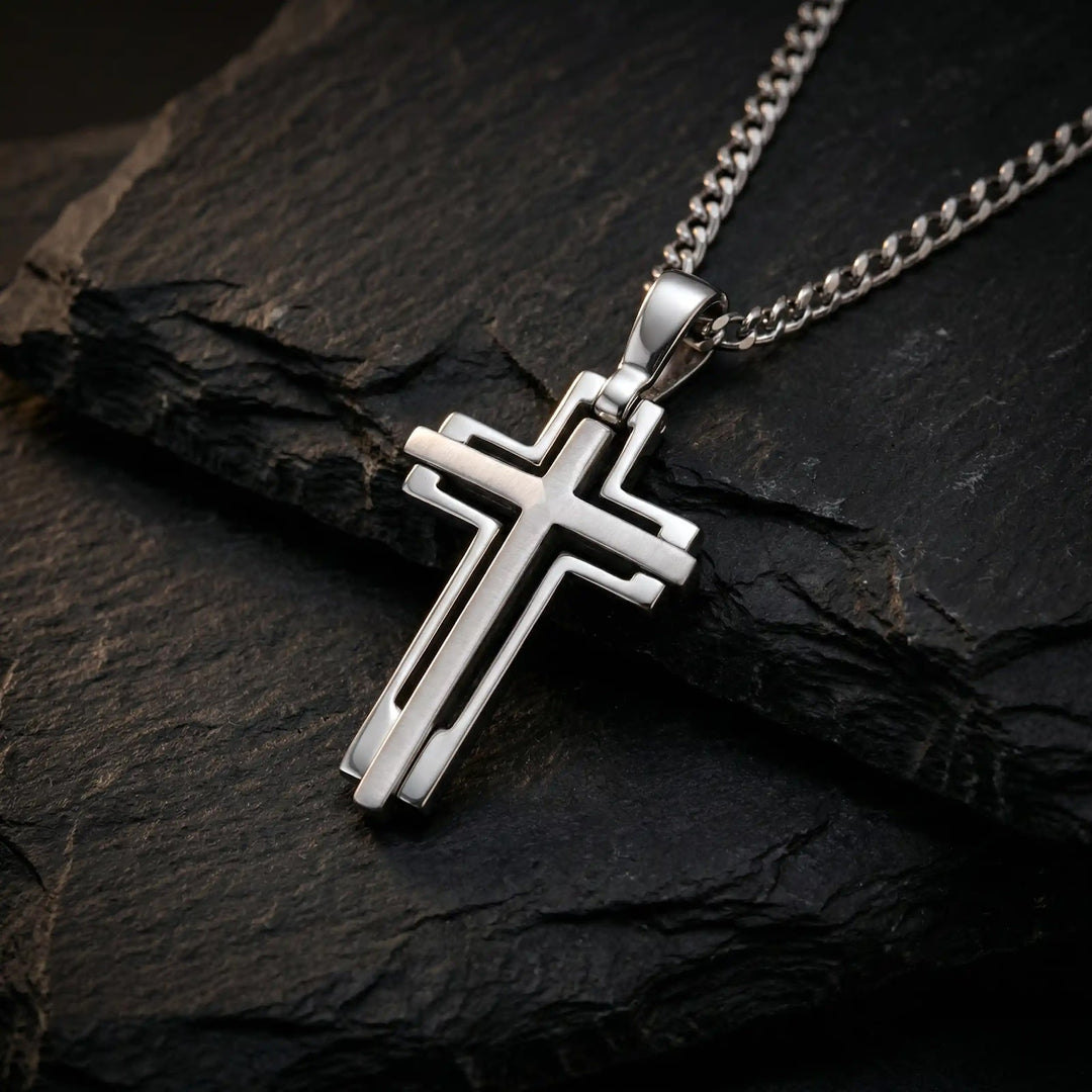 Openwork Latin White Gold Cross Pendant on stone