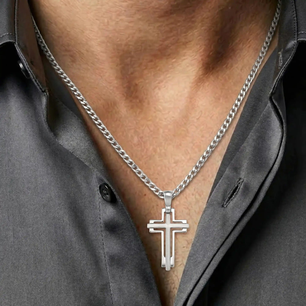 Openwork Latin White Gold Cross Pendant worn on mens chest