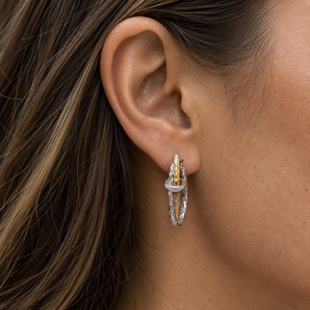 Two Tone Fancy Hoop Earrings, 15.5mm - worn on ear