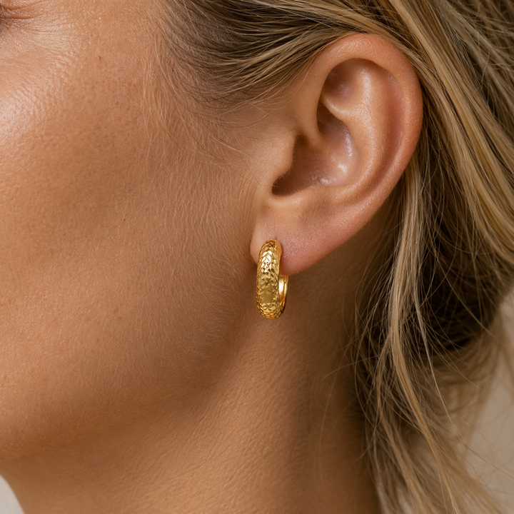 Yellow Gold Diamond Cut Hoop Earrings, 15.4mm - worn on ear