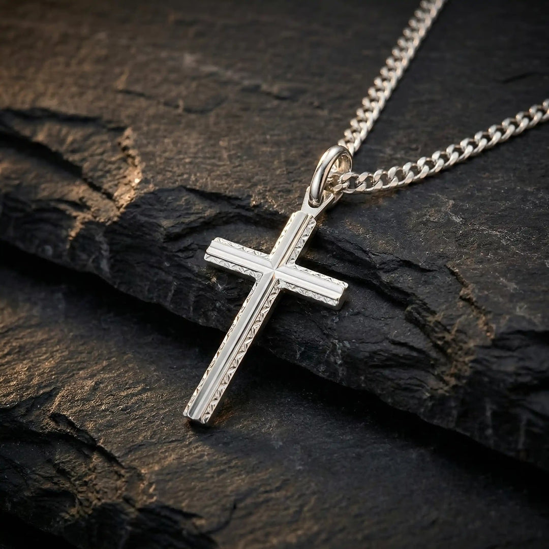 Engraved Latin White Gold Cross Pendant on stone