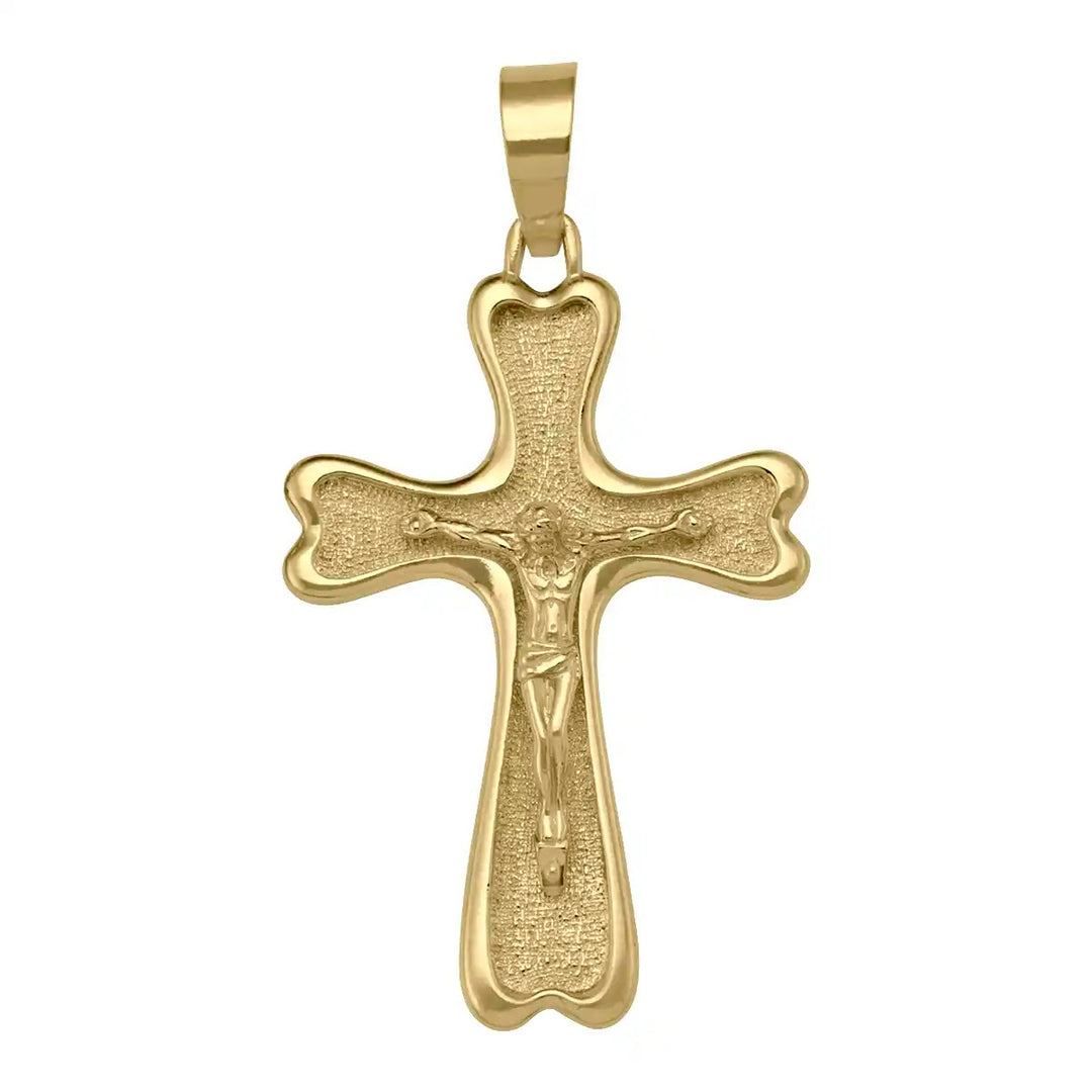 Flared Crucifix Yellow Gold Cross Pendant on white background
