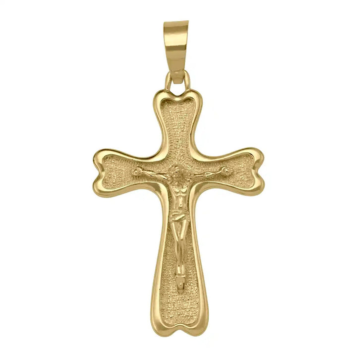 Flared Crucifix Yellow Gold Cross Pendant on white background