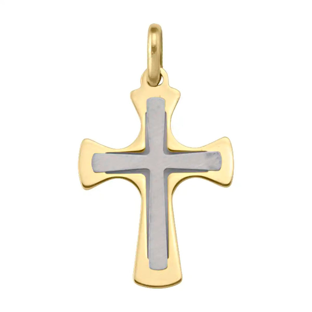 Layered Pattee Two-Tone Gold Cross Pendant on white background
