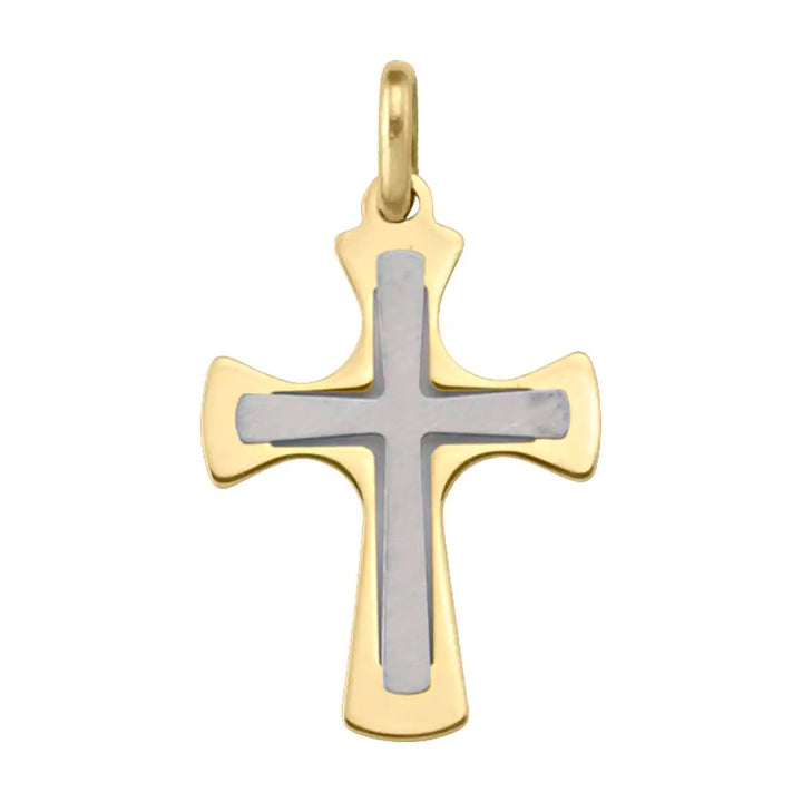 Layered Pattee Two-Tone Gold Cross Pendant on white background
