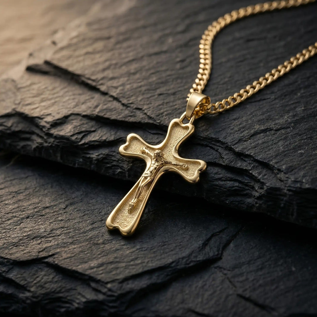 Flared Crucifix Yellow Gold Cross Pendant on stone