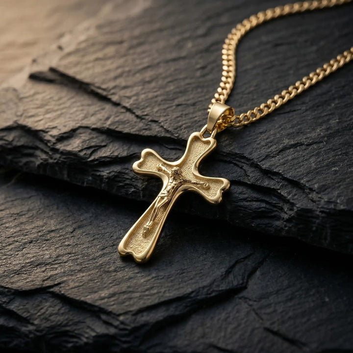 Flared Crucifix Yellow Gold Cross Pendant on stone