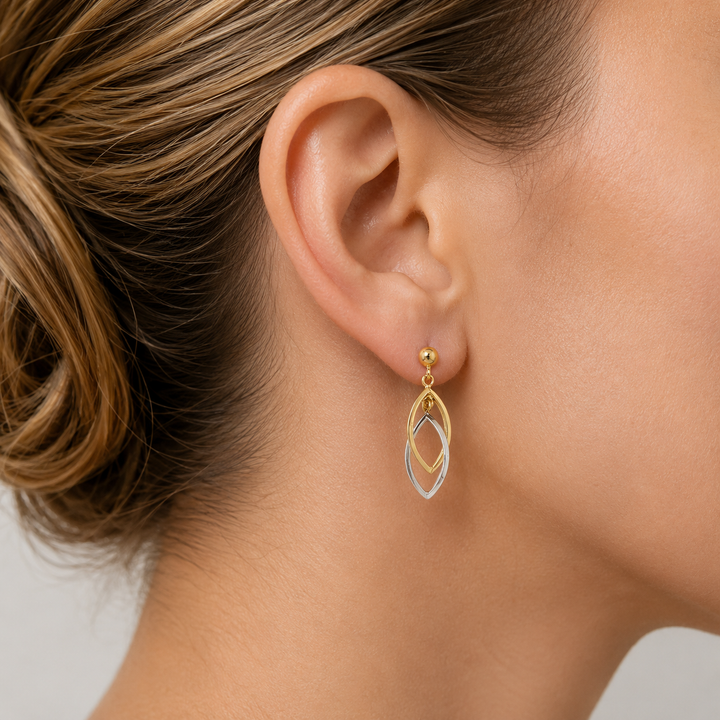Two Tone Fancy Drop Earrings - worn on ear