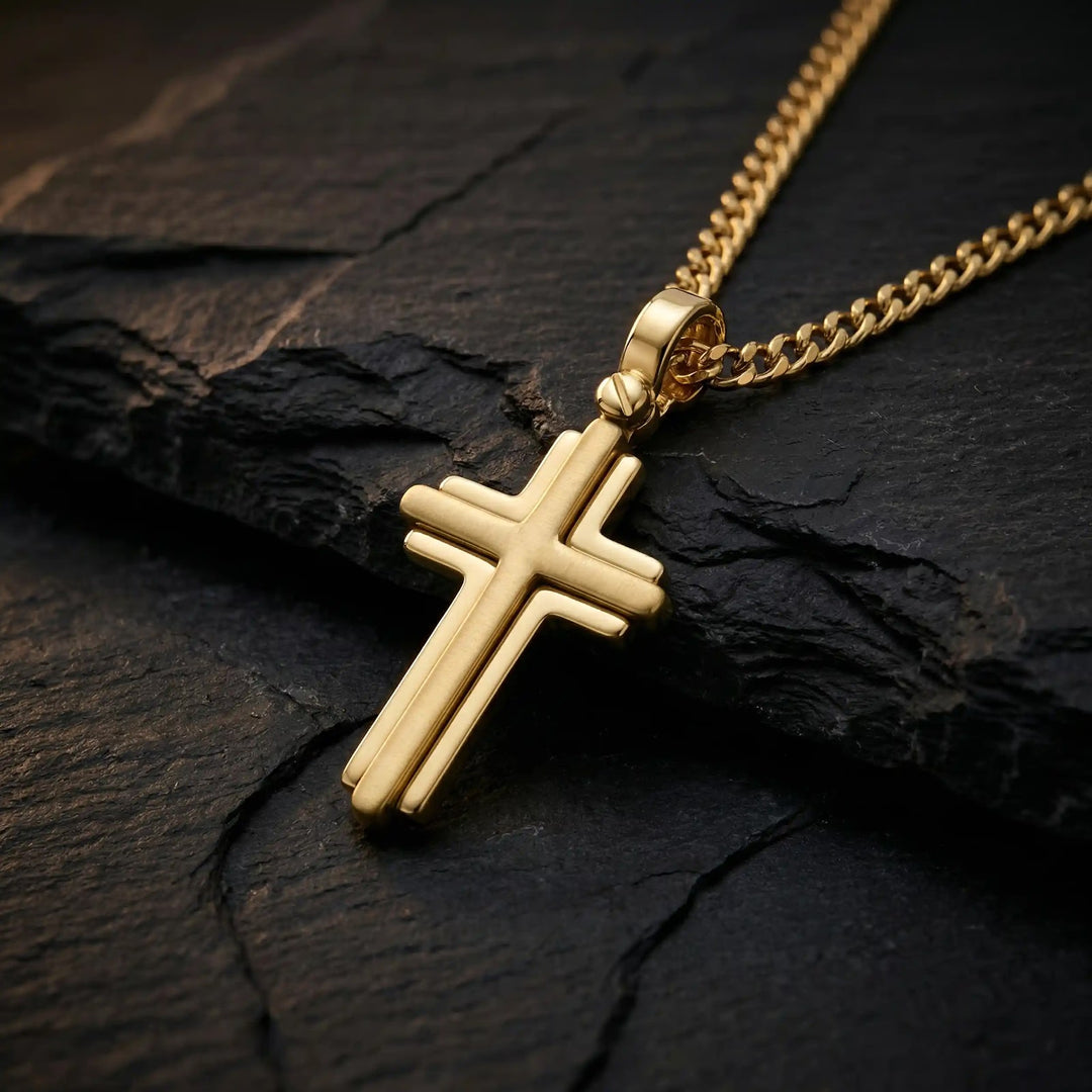 Layered Latin Yellow Gold Cross Pendant on stone