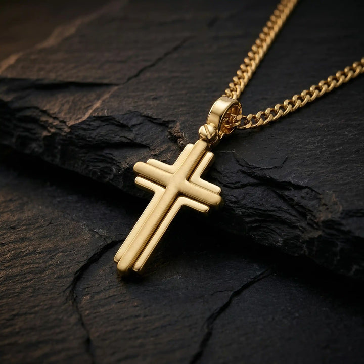 Layered Latin Yellow Gold Cross Pendant on stone
