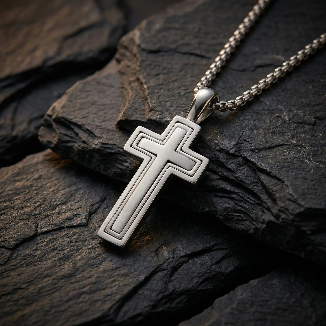 Layered Latin White Gold Cross Pendant on stone