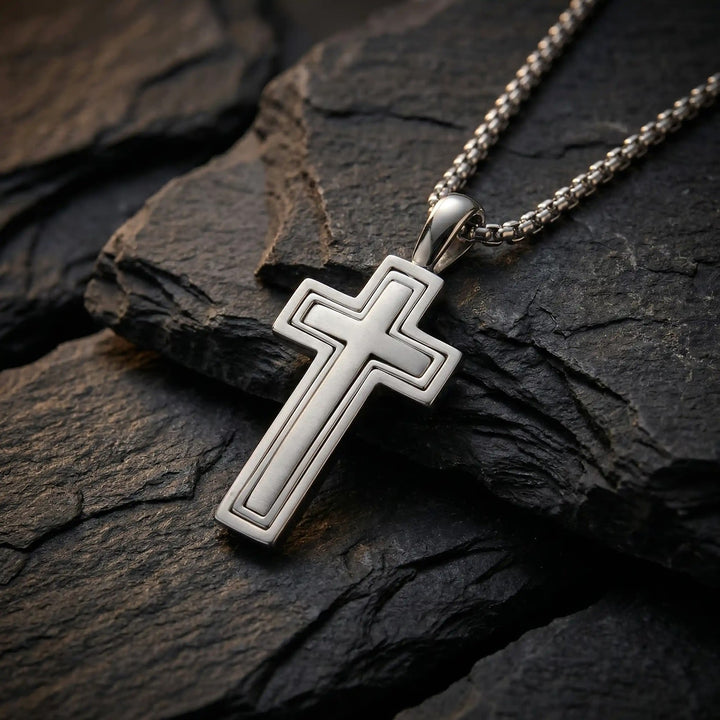Layered Latin White Gold Cross Pendant on stone