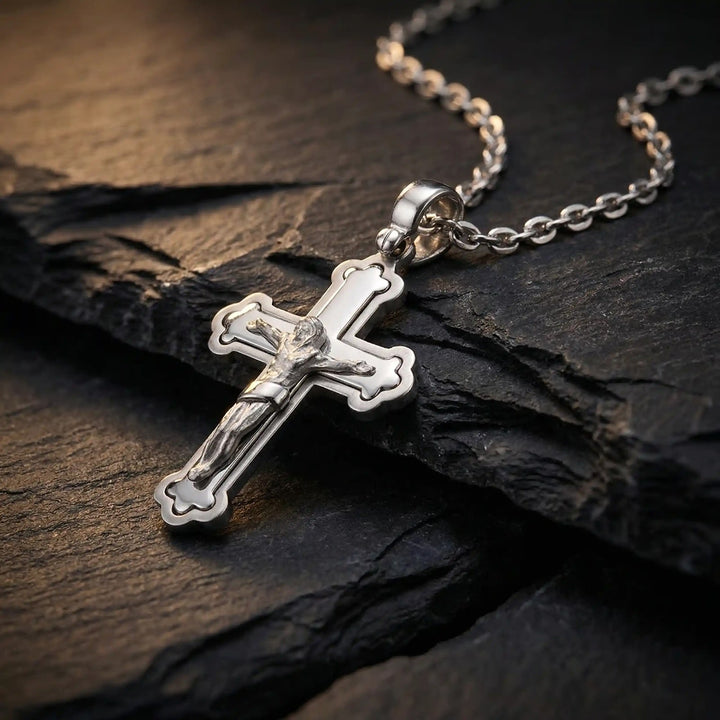 Budded Crucifix White Gold Cross Pendant on stone
