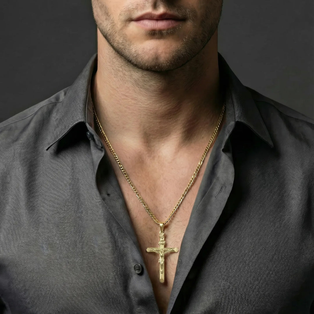 Tubular Crucifix Yellow Gold Cross Pendant worn on mens chest