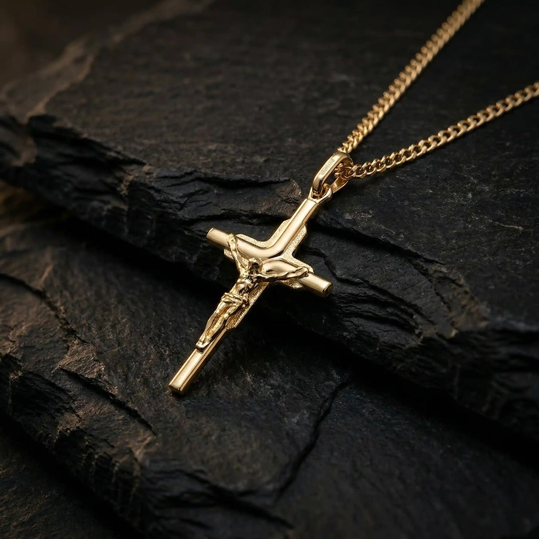Latin Crucifix Yellow Gold Cross Pendant on stone