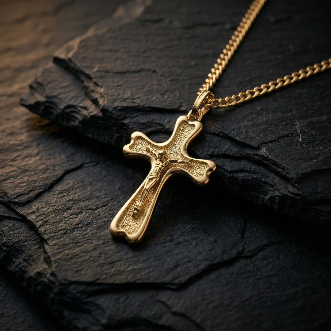Flared Crucifix Yellow Gold Cross Pendant on stone