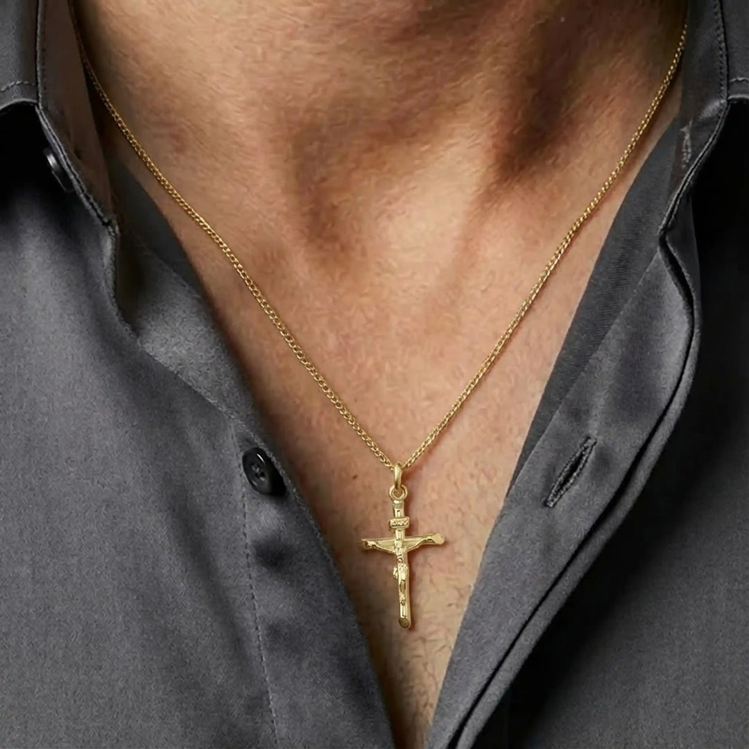 Tubular Crucifix Yellow Gold Cross Pendant worn on mens chest