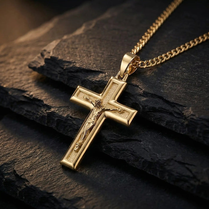 Latin Crucifix Yellow Gold Cross Pendant on stone