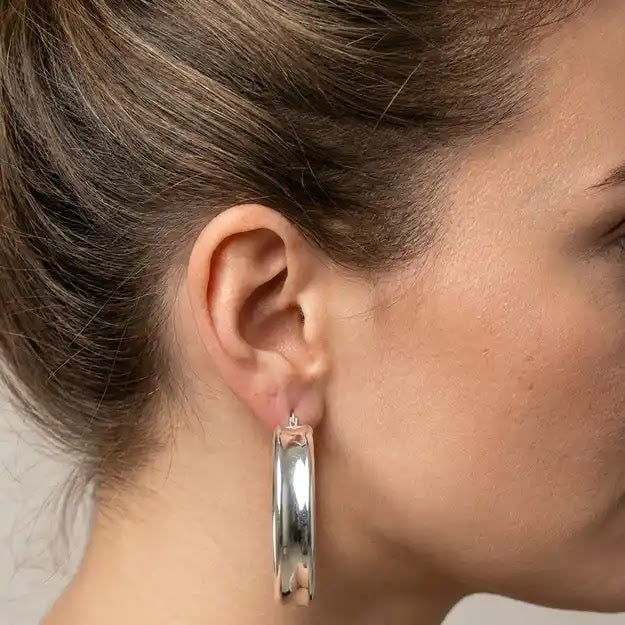 White Gold Oval Hoop Earrings, 16.6mm - worn on ear