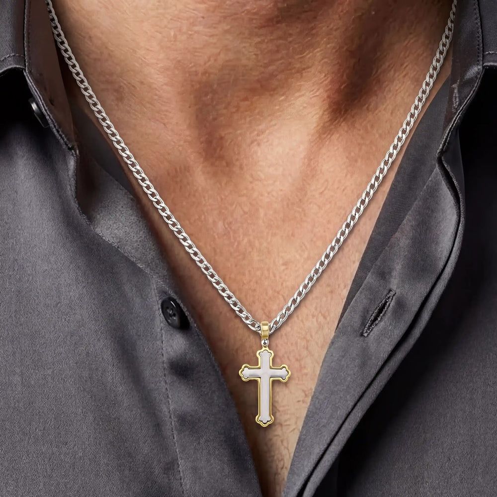 Budded Latin Two-Tone Gold Cross Pendant worn on mens chest