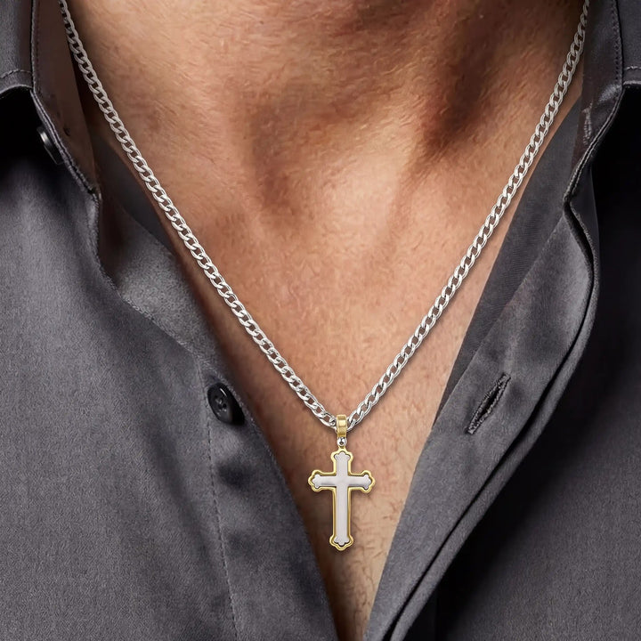 Budded Latin Two-Tone Gold Cross Pendant worn on mens chest