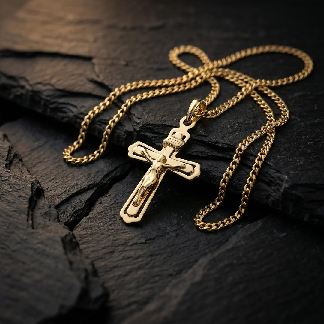 Latin Crucifix Yellow Gold Cross Pendant on stone
