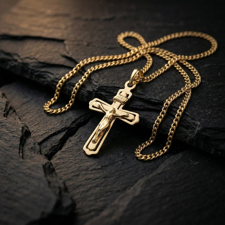 Latin Crucifix Yellow Gold Cross Pendant on stone