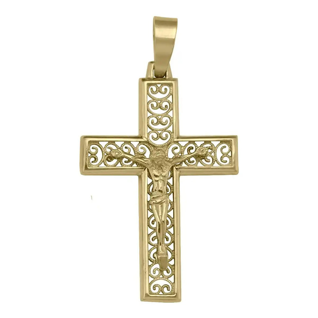 Filigree Crucifix Yellow Gold Cross Pendant on white background