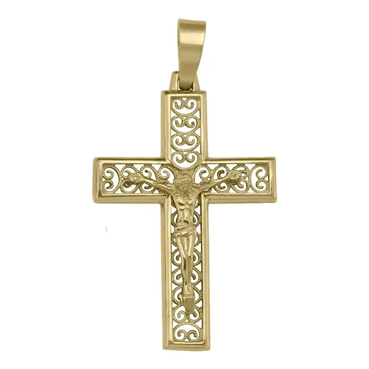 Filigree Crucifix Yellow Gold Cross Pendant on white background