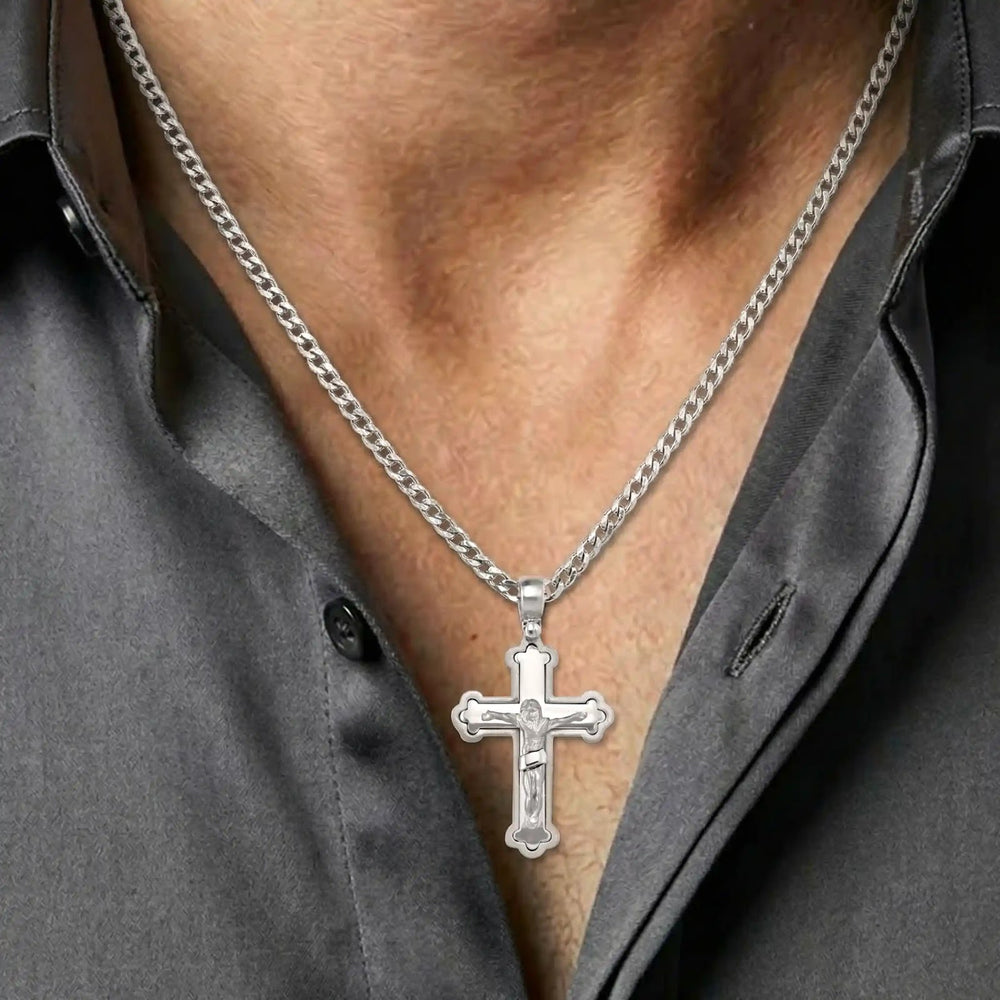Budded Crucifix White Gold Cross Pendant worn on mens chest